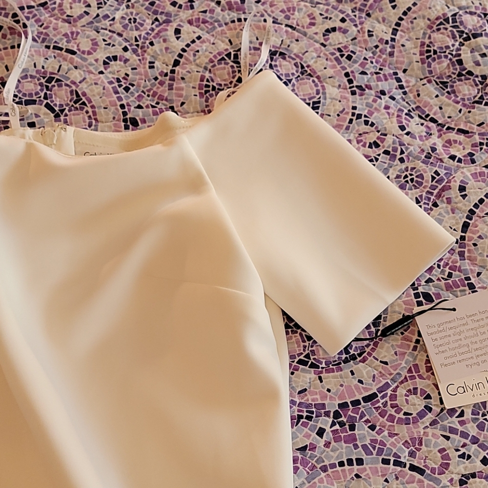 Calvin Klein Off-Shoulder Cream Midi Dress - Picture 3 of 9